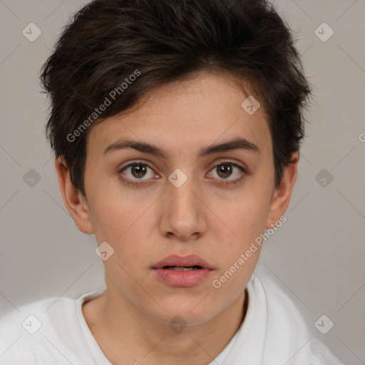 Neutral white young-adult female with short  brown hair and brown eyes