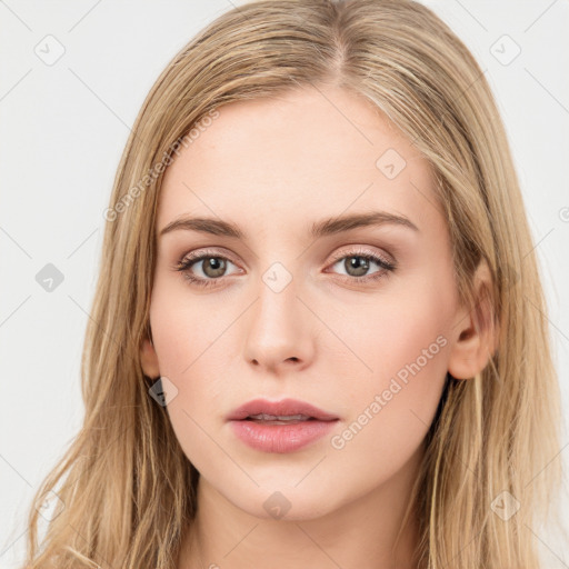 Neutral white young-adult female with long  brown hair and brown eyes