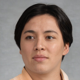 Neutral asian young-adult female with short  brown hair and brown eyes