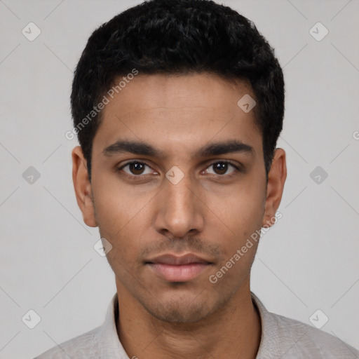 Neutral latino young-adult male with short  black hair and brown eyes