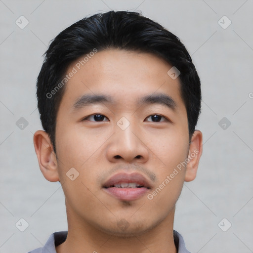 Neutral asian young-adult male with short  black hair and brown eyes