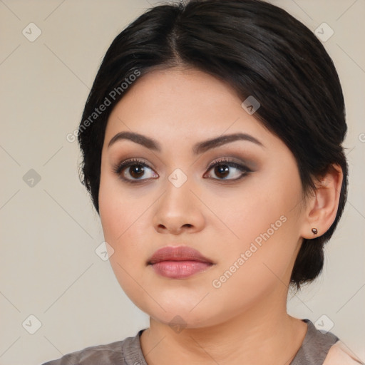 Neutral asian young-adult female with medium  black hair and brown eyes