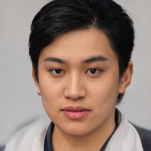 Neutral asian young-adult female with short  black hair and brown eyes