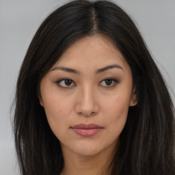 Neutral asian young-adult female with long  brown hair and brown eyes