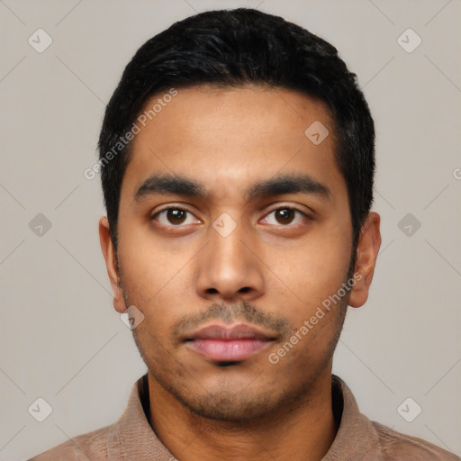 Neutral latino young-adult male with short  black hair and brown eyes