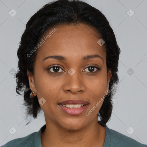 Joyful black young-adult female with medium  black hair and brown eyes