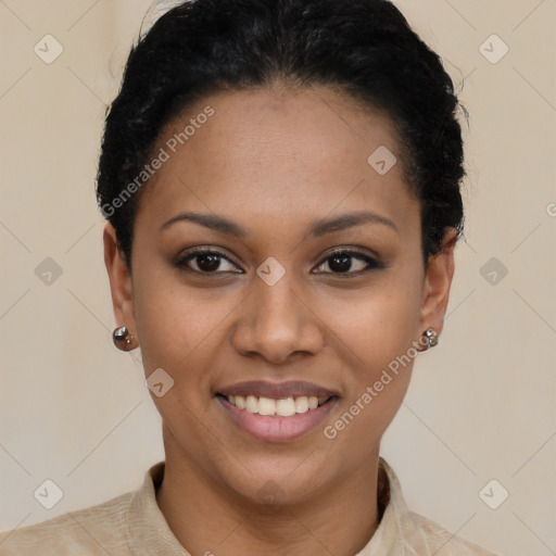 Joyful latino young-adult female with short  black hair and brown eyes