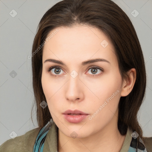 Neutral white young-adult female with medium  brown hair and brown eyes