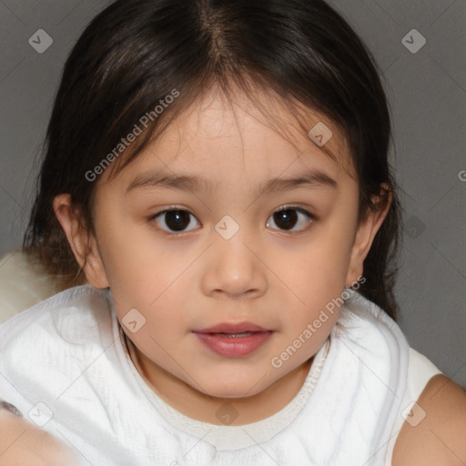 Joyful white child female with medium  brown hair and brown eyes