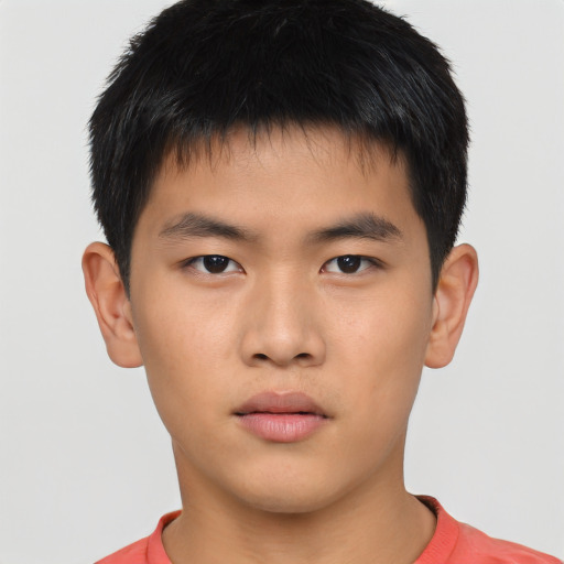 Neutral asian young-adult male with short  brown hair and brown eyes