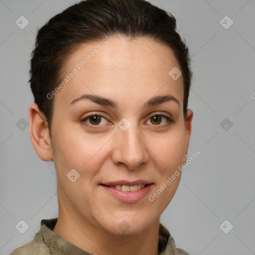 Joyful white young-adult female with short  brown hair and brown eyes