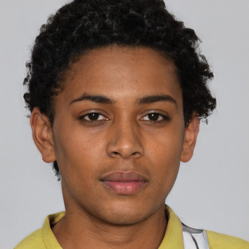 Neutral black young-adult female with short  black hair and brown eyes