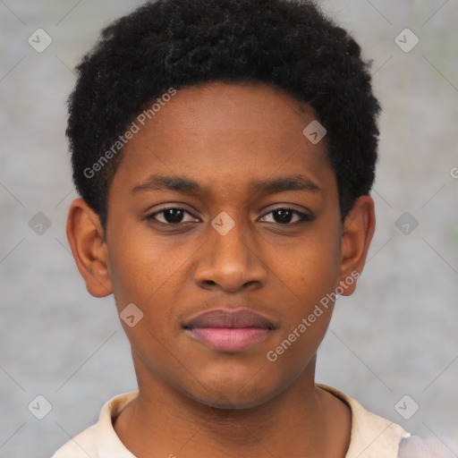 Joyful black young-adult male with short  brown hair and brown eyes