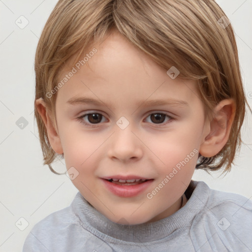 Joyful white child female with medium  brown hair and brown eyes