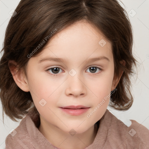 Joyful white child female with medium  brown hair and brown eyes