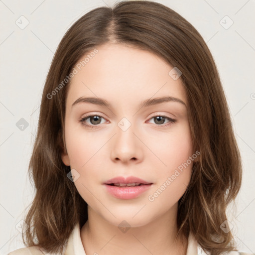 Neutral white young-adult female with medium  brown hair and brown eyes