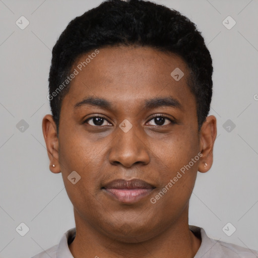 Neutral black young-adult male with short  black hair and brown eyes