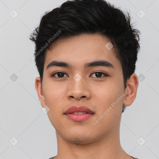 Neutral asian young-adult male with short  brown hair and brown eyes