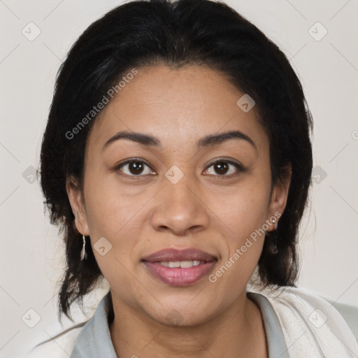 Joyful latino young-adult female with medium  brown hair and brown eyes