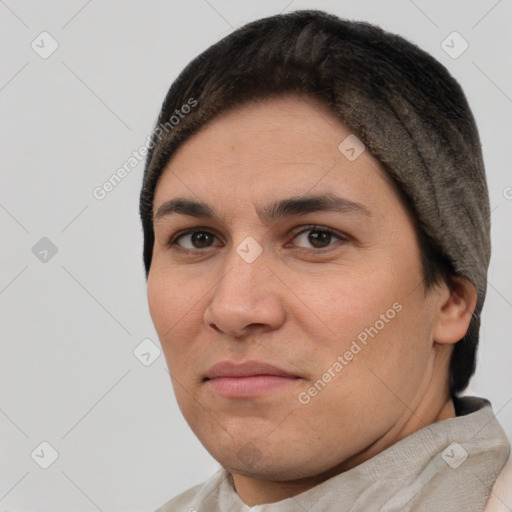 Joyful white young-adult female with short  brown hair and brown eyes