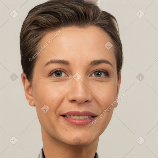 Joyful white young-adult female with short  brown hair and brown eyes