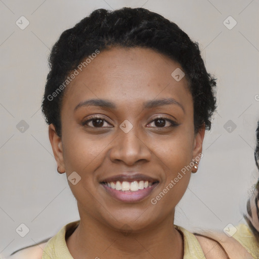 Joyful latino young-adult female with short  black hair and brown eyes