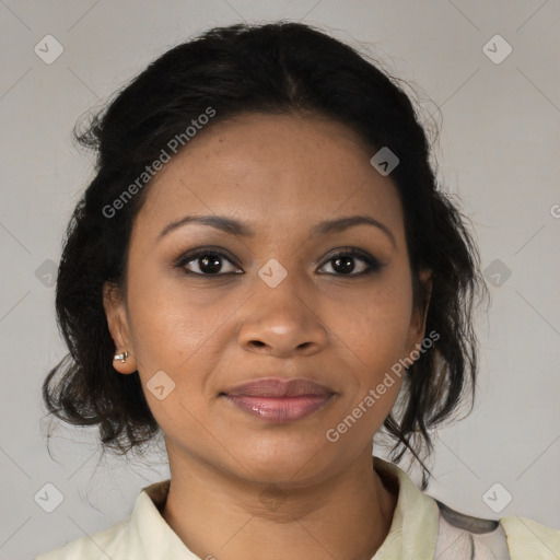 Joyful black young-adult female with medium  black hair and brown eyes