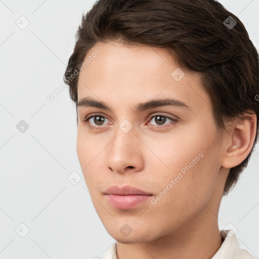 Neutral white young-adult male with short  brown hair and brown eyes