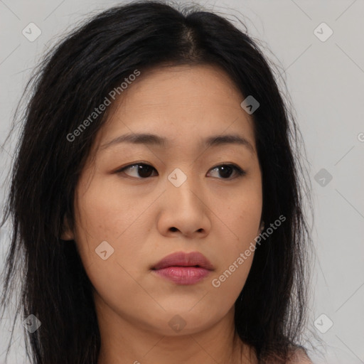 Neutral asian young-adult female with long  brown hair and brown eyes