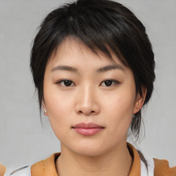 Neutral asian young-adult female with medium  brown hair and brown eyes