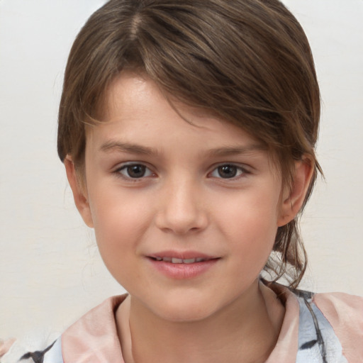 Joyful white child female with medium  brown hair and brown eyes