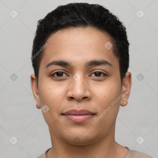 Joyful latino young-adult male with short  brown hair and brown eyes