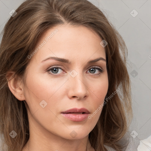 Neutral white young-adult female with medium  brown hair and brown eyes