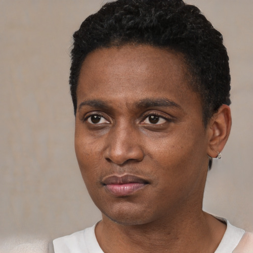 Neutral black young-adult male with short  black hair and brown eyes