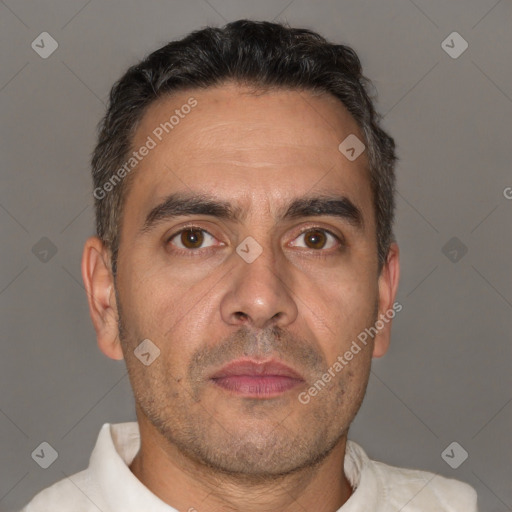 Neutral white adult male with short  brown hair and brown eyes