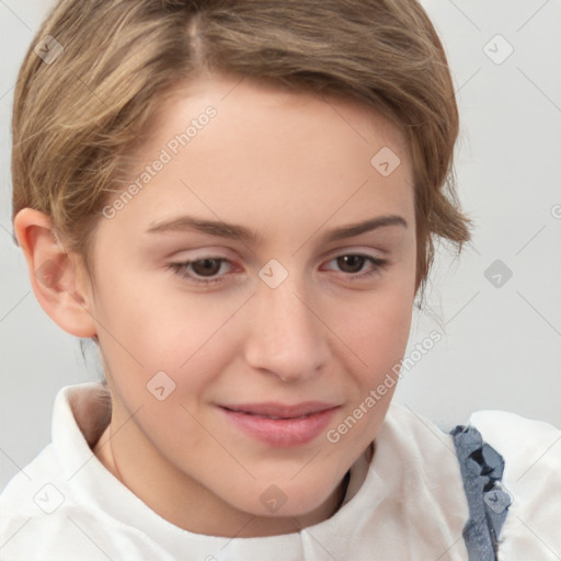 Joyful white child female with medium  brown hair and brown eyes