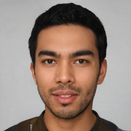 Neutral latino young-adult male with short  black hair and brown eyes