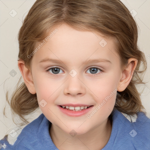 Joyful white child female with medium  brown hair and brown eyes