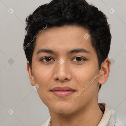 Joyful asian young-adult female with short  black hair and brown eyes