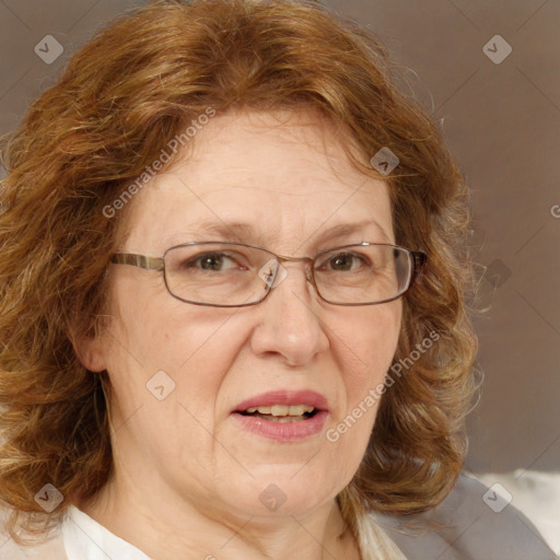 Joyful white middle-aged female with medium  brown hair and blue eyes