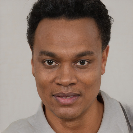 Joyful black young-adult male with short  black hair and brown eyes
