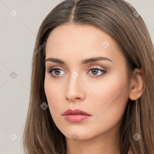 Neutral white young-adult female with long  brown hair and brown eyes