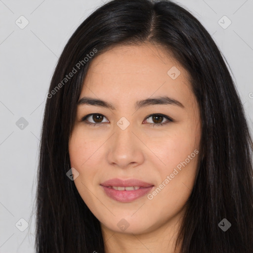 Joyful asian young-adult female with long  brown hair and brown eyes