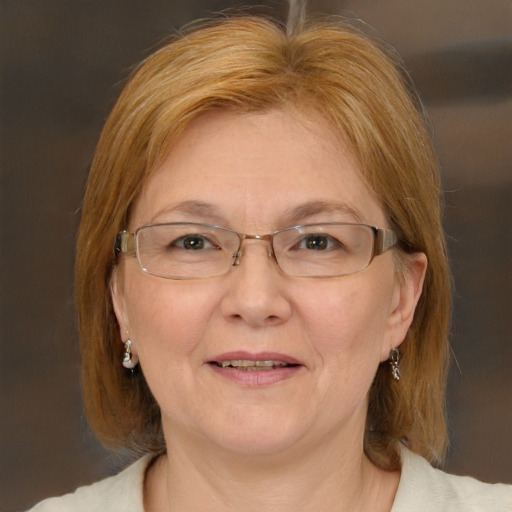 Joyful white adult female with medium  brown hair and blue eyes