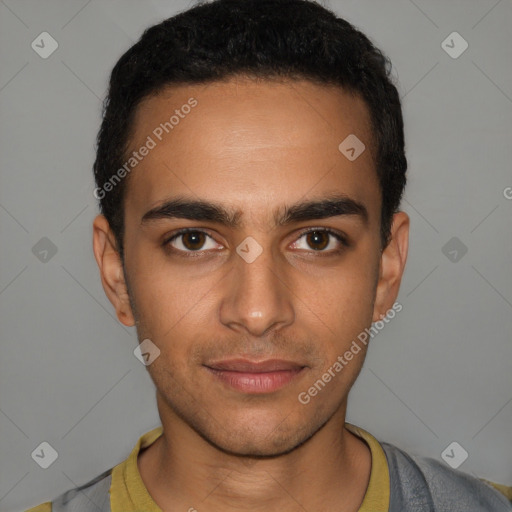 Neutral latino young-adult male with short  black hair and brown eyes