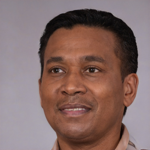 Joyful black adult male with short  black hair and brown eyes