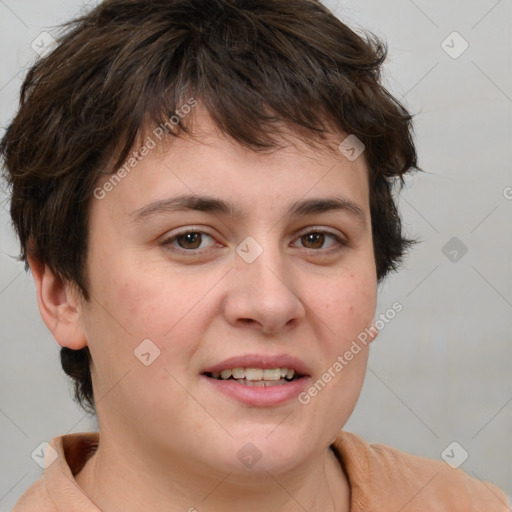 Joyful white young-adult female with medium  brown hair and brown eyes