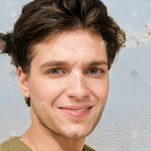 Joyful white adult male with short  brown hair and grey eyes