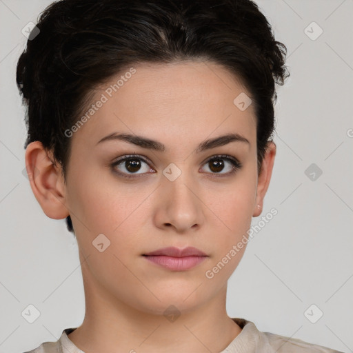 Neutral white young-adult female with short  brown hair and brown eyes