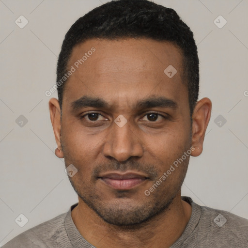 Neutral latino adult male with short  black hair and brown eyes